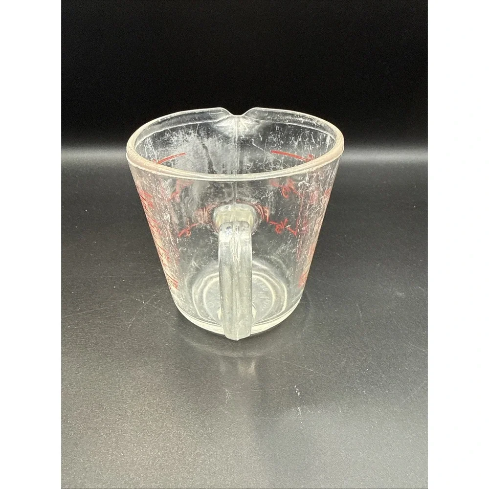 Vintage Fire King 1 Cup Measuring Cup #496 Red Letter Cloudy Glass Scratches